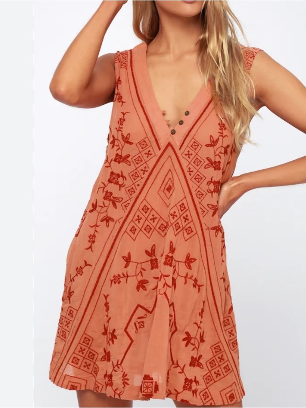 Free People Coral Embroidered V-Neck Tunic